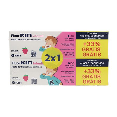 Promoção 2 por 1 de creme dental anticáries infantil Fluorkin