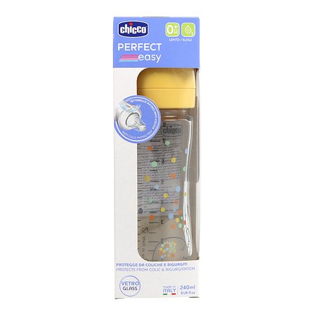 Mamadeira de vidro Chicco Perfect Easy Slow Flow com bico de silicone + 0 meses 240ml amarela