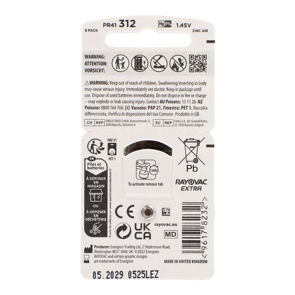 Pilhas Rayovac 312 Brown para aparelhos auditivos, 6 unidades