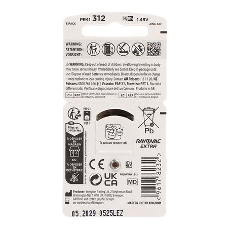 Pilhas Rayovac 312 Brown para aparelhos auditivos, 6 unidades