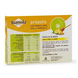 Juanola Própolis Con Hedera, Miel, Zinc Y Vit C Sabor Miel Y Limón 24 Pastillas Blandas 2